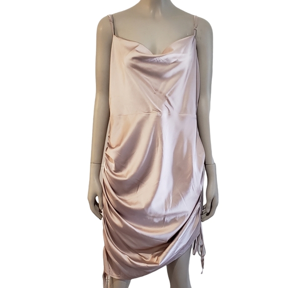 Missguided Size 12 Blush Pink Satin Cowl Neck Ruched Mini Dress High Low Sides - Picture 2 of 11